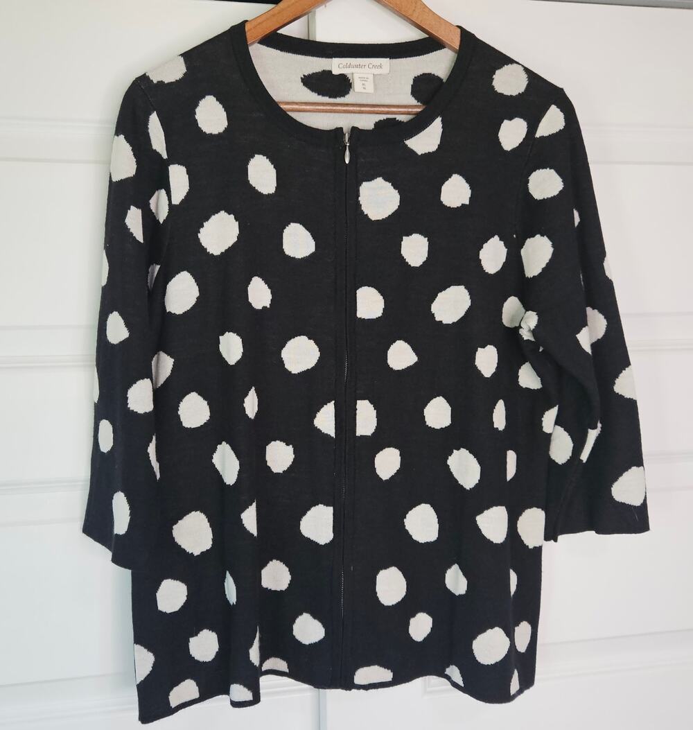 Coldwater Creek Polka Dot Merino Wool Full Zip Short Sleeve Sweater Size XL